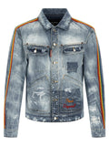 Veste en denim bleu dsquared² en coton avec rayures arc en ciel sur les manches et broderie proud disposed