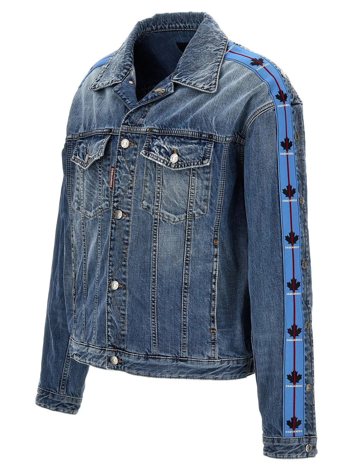 Veste en jean bleue en coton dsquared² avec une bande verticale de logos feuille d’érable rouge foncé sur la manche