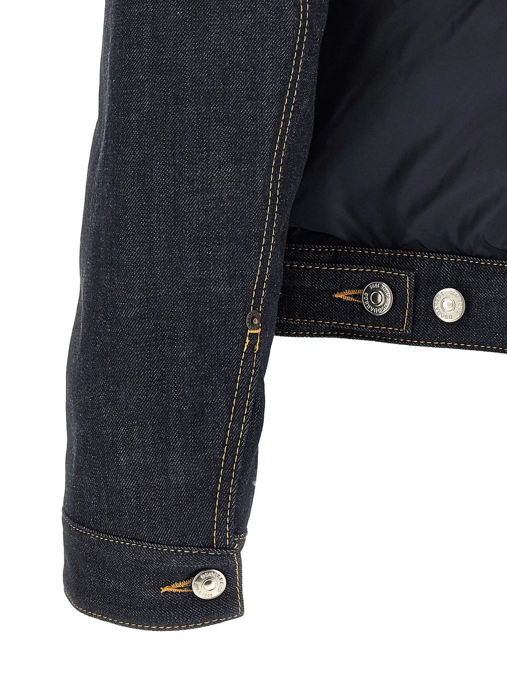 Manche de veste en jean dsquared² bleu foncé avec couture jaune contrastante et boutons métal argenté