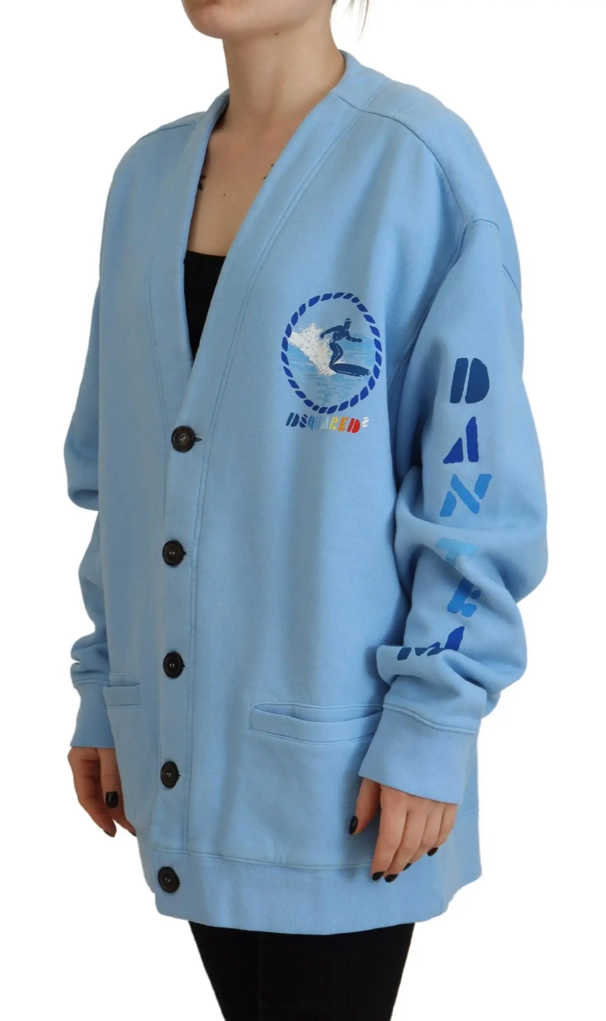 Cardigan oversize bleu clair en coton tricoté dsquared² avec boutons noirs et logo brodé sur la poitrine