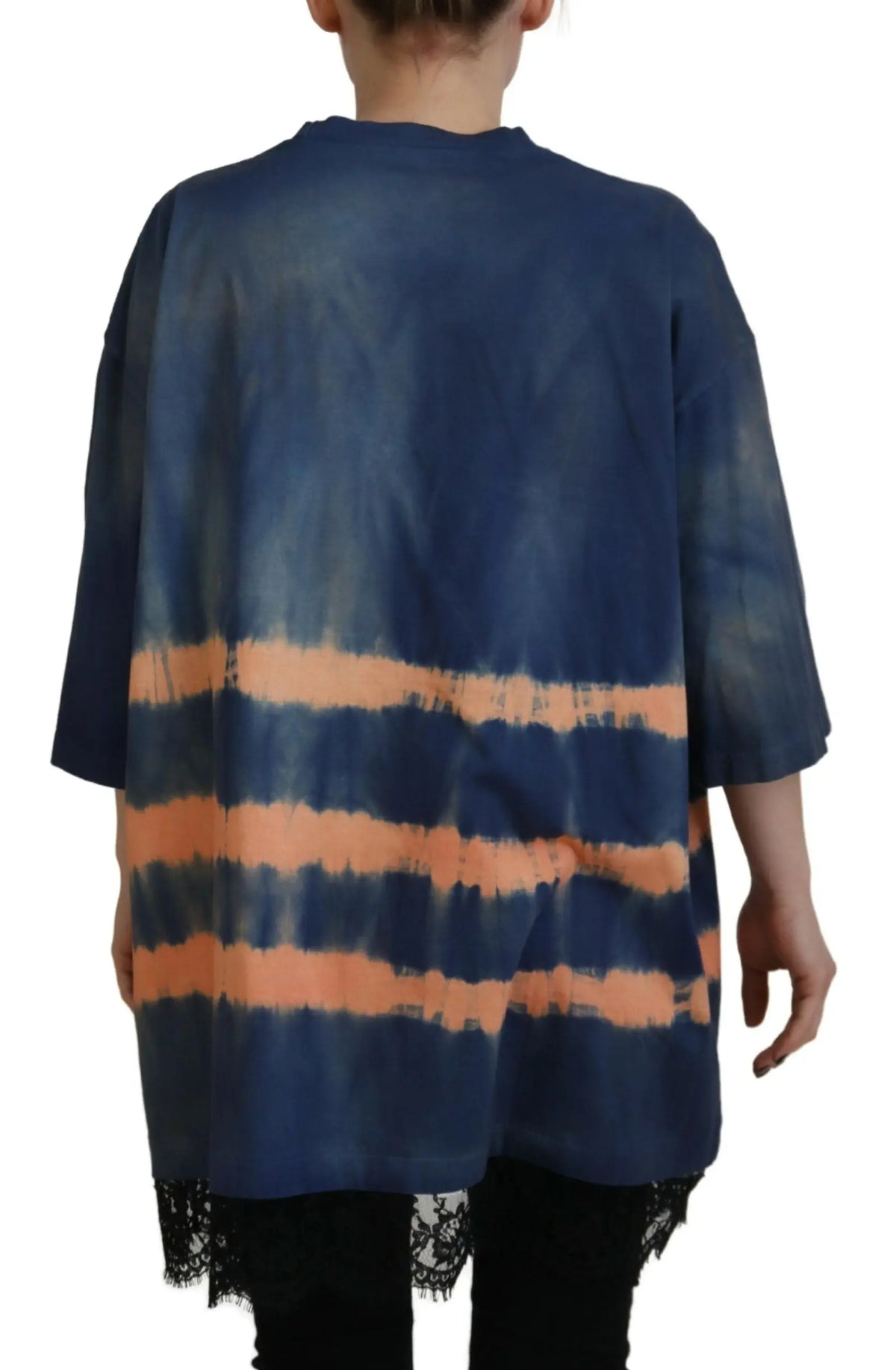 Top oversize tie dye bleu marine et pêche en coton avec manches trois quarts et bordure en dentelle noire dsquared²