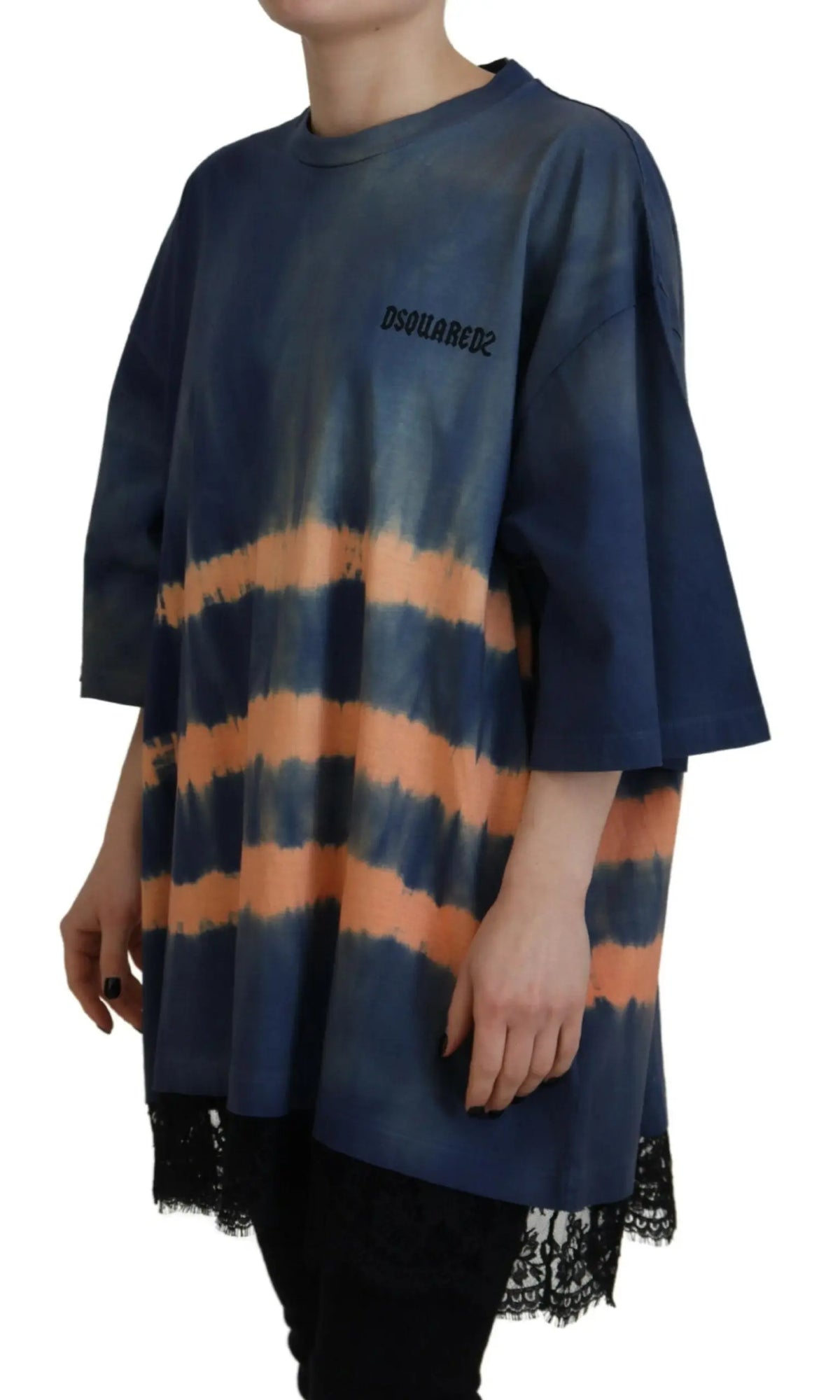 T-shirt oversize bleu et orange tie-dye en coton dsquared² avec manches courtes et bordure en dentelle noire