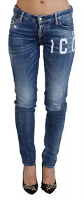 Jean skinny dsquared² blue icon en denim bleu délavé avec détails usés et lettrage blanc icon sur la cuisse