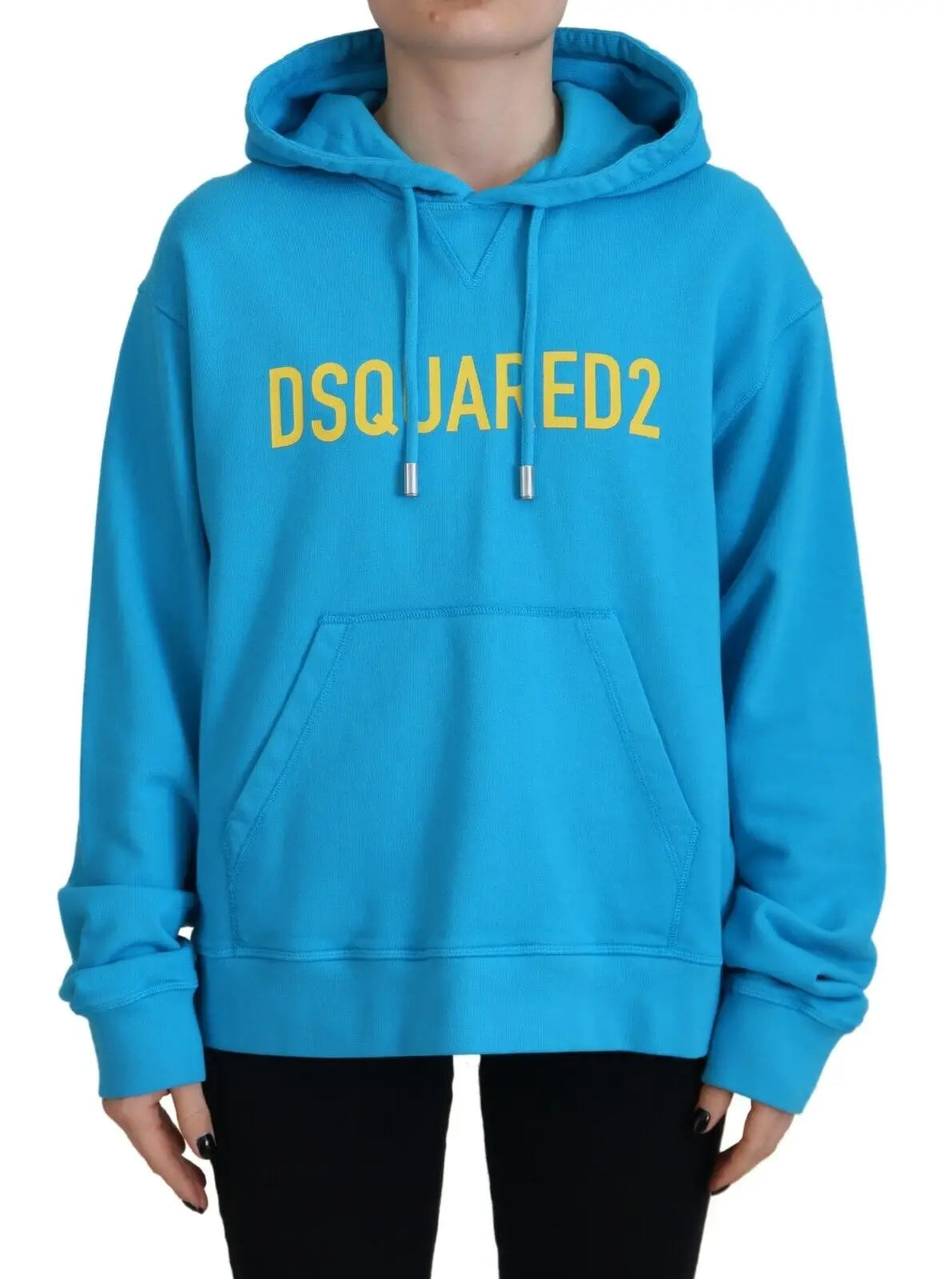 Hoodie dsquared² bleu vif en coton avec lettrage jaune audacieux et cordons assortis pour un style décontracté