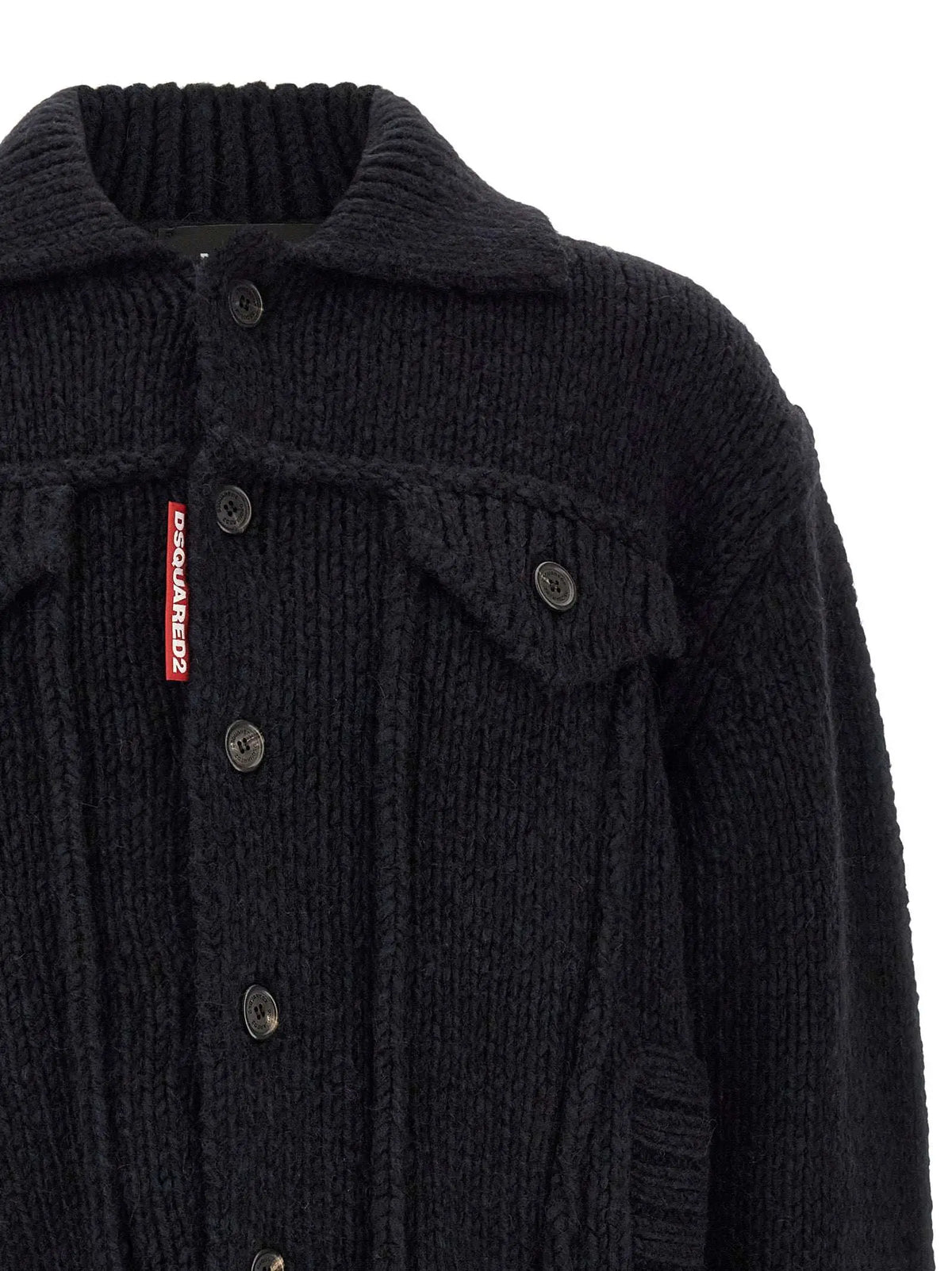 Cardigan dsquared² blue marabou noir en maille avec col côtelé boutonnière avant et étiquette rouge dsquared2