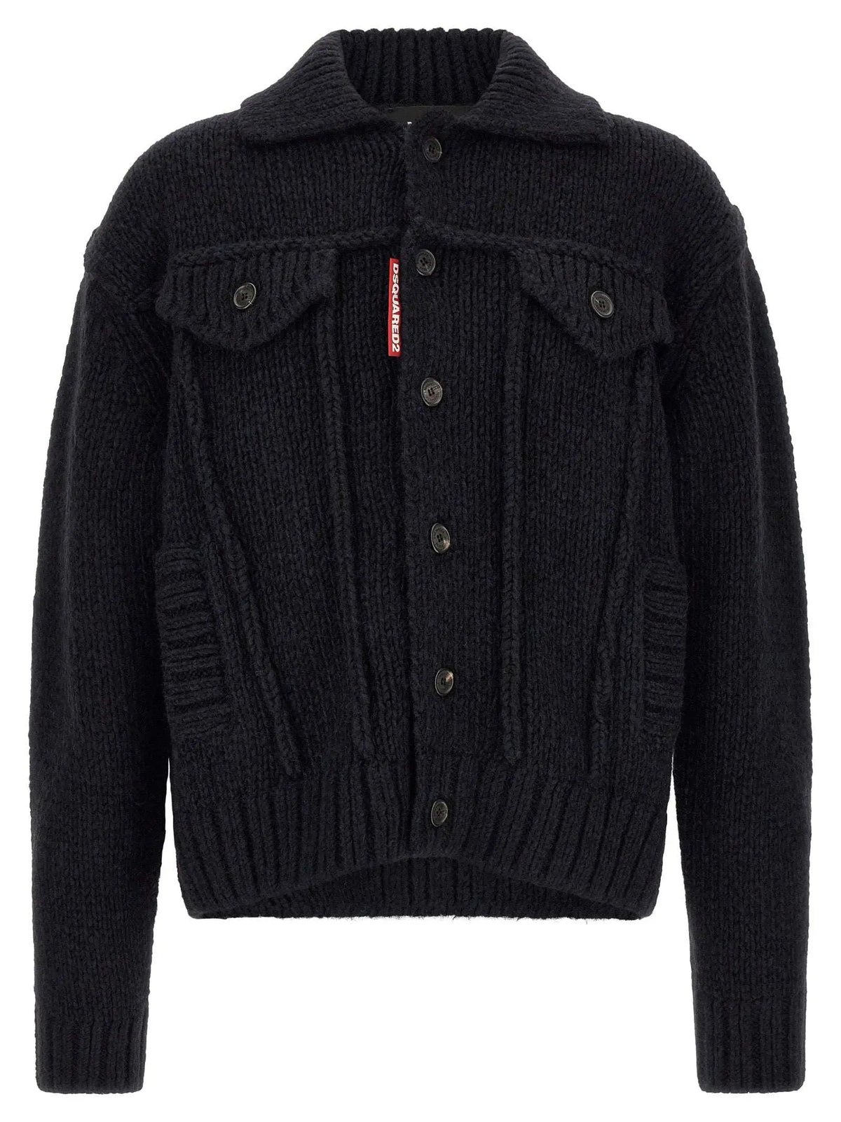 Cardigan Dsquared² bleu marabou en maille noire avec col, boutons et détails torsadés texturés