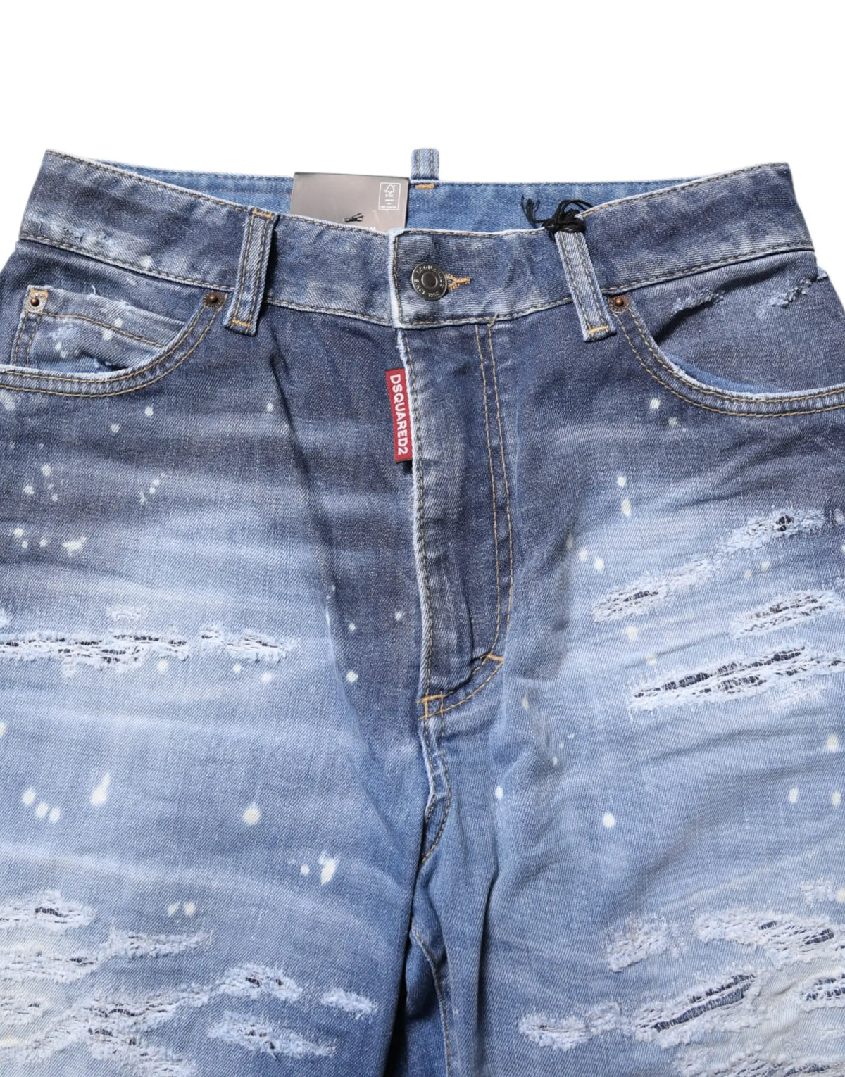 Jeans en denim bleu dsquared² mi taille droit déchiré en coton avec éclaboussures de peinture blanche et étiquette rouge
