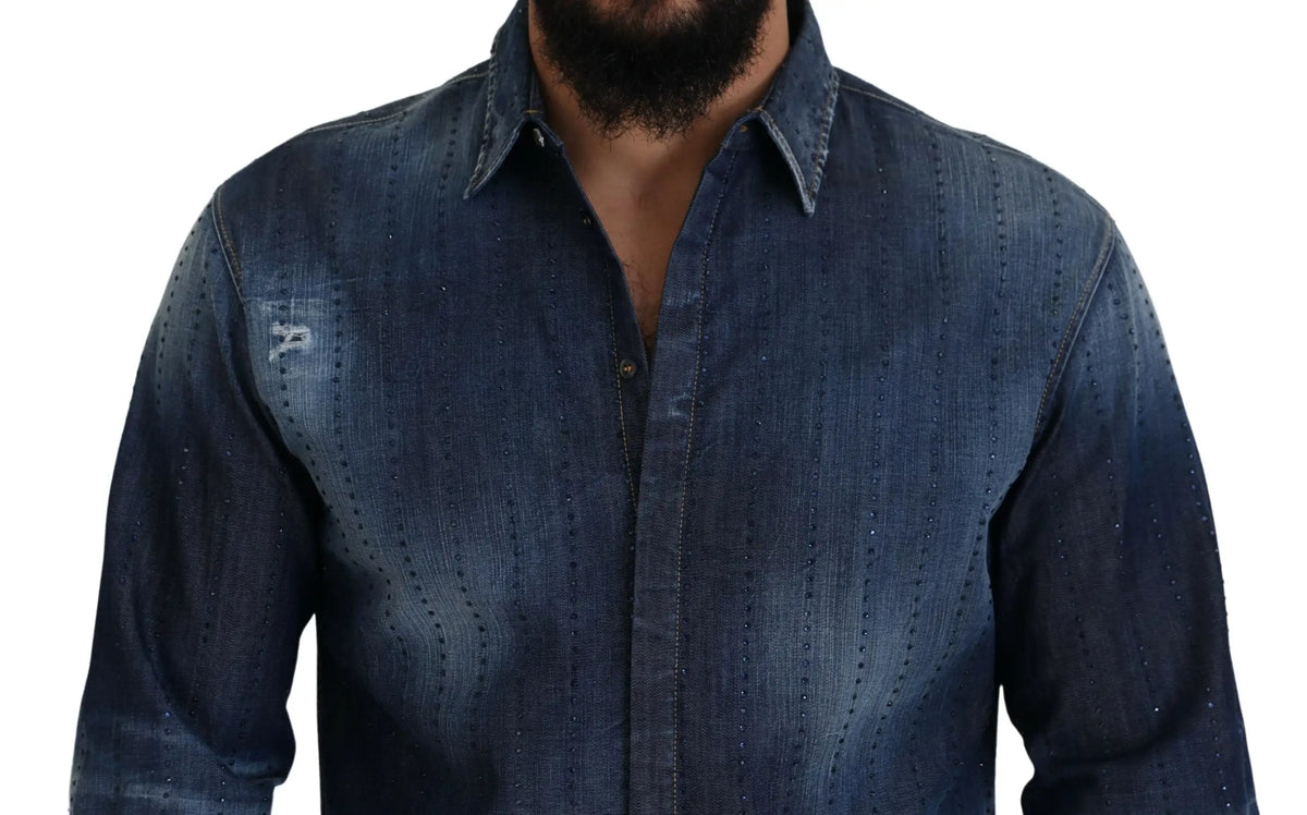 Chemise en denim bleu dsquared² avec couture verticale subtile et logo brodé sur la poitrine gauche