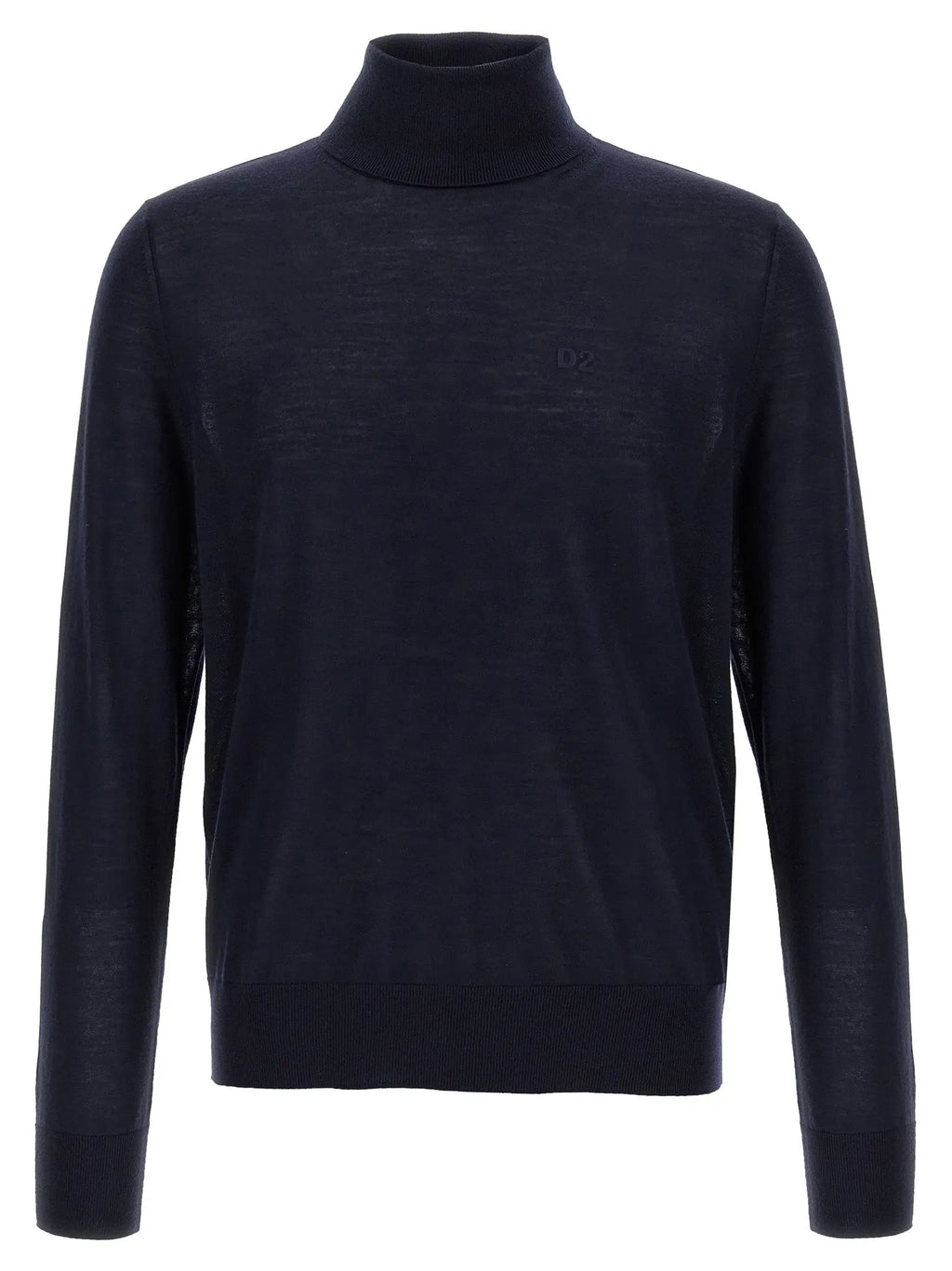 Dsquared² blue virgin wool cardigan with a sleek navy blue turtleneck and fine knit texture with ribbed cuffs hem and collar