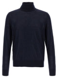 Dsquared² blue virgin wool cardigan with a sleek navy blue turtleneck and fine knit texture with ribbed cuffs hem and collar