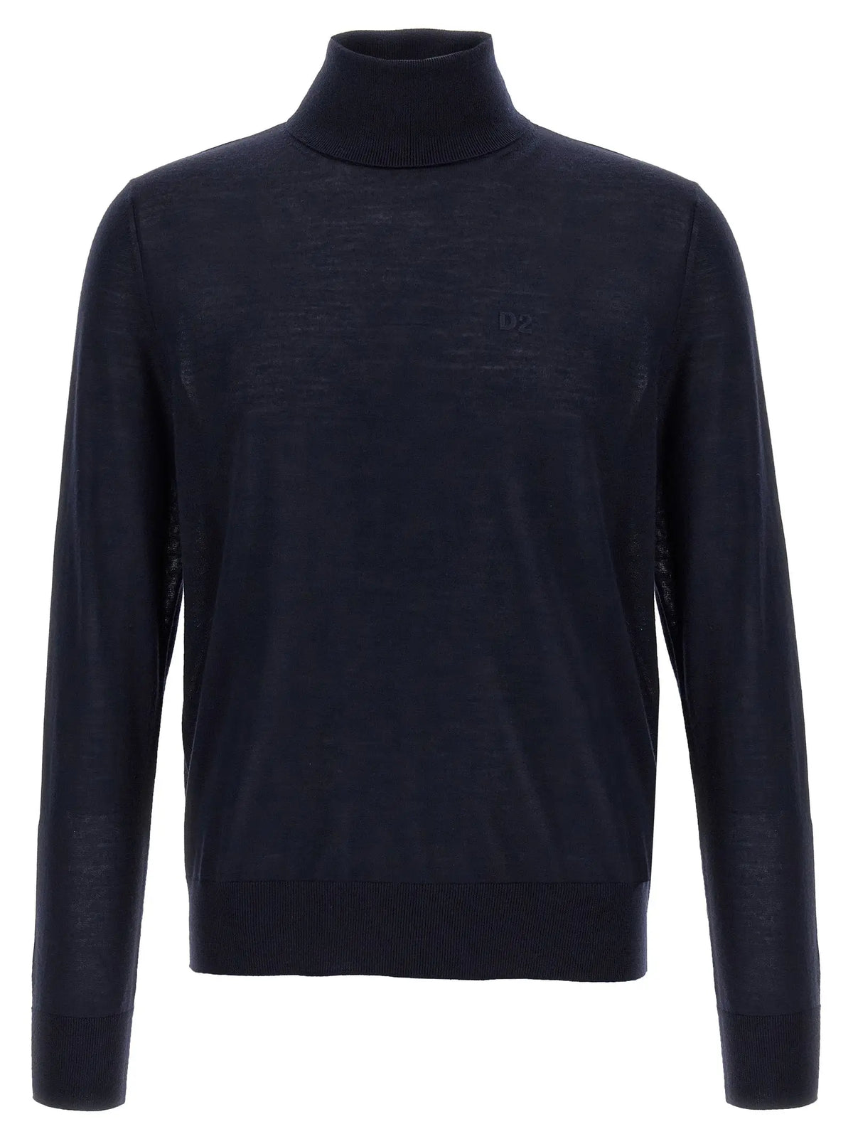 Dsquared² blue virgin wool cardigan with a sleek navy blue turtleneck and fine knit texture with ribbed cuffs hem and collar