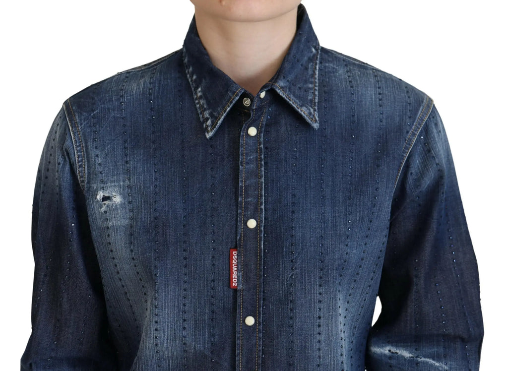 Chemise en denim bleu foncé dsquared² en coton lavé avec couture verticale subtile et petite étiquette rouge placket