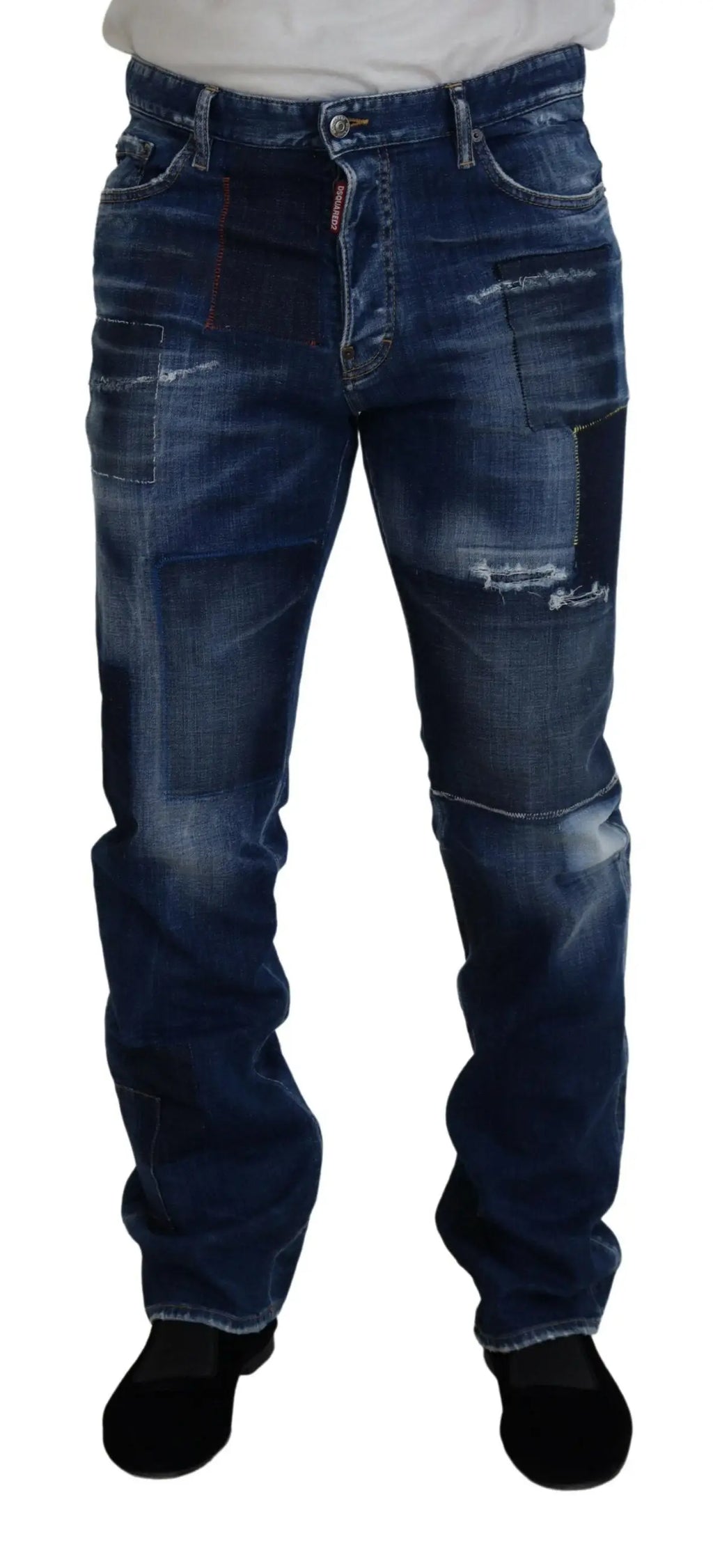 Jean droit en denim bleu foncé dsquared² avec patchwork et détails usés pour un style robuste