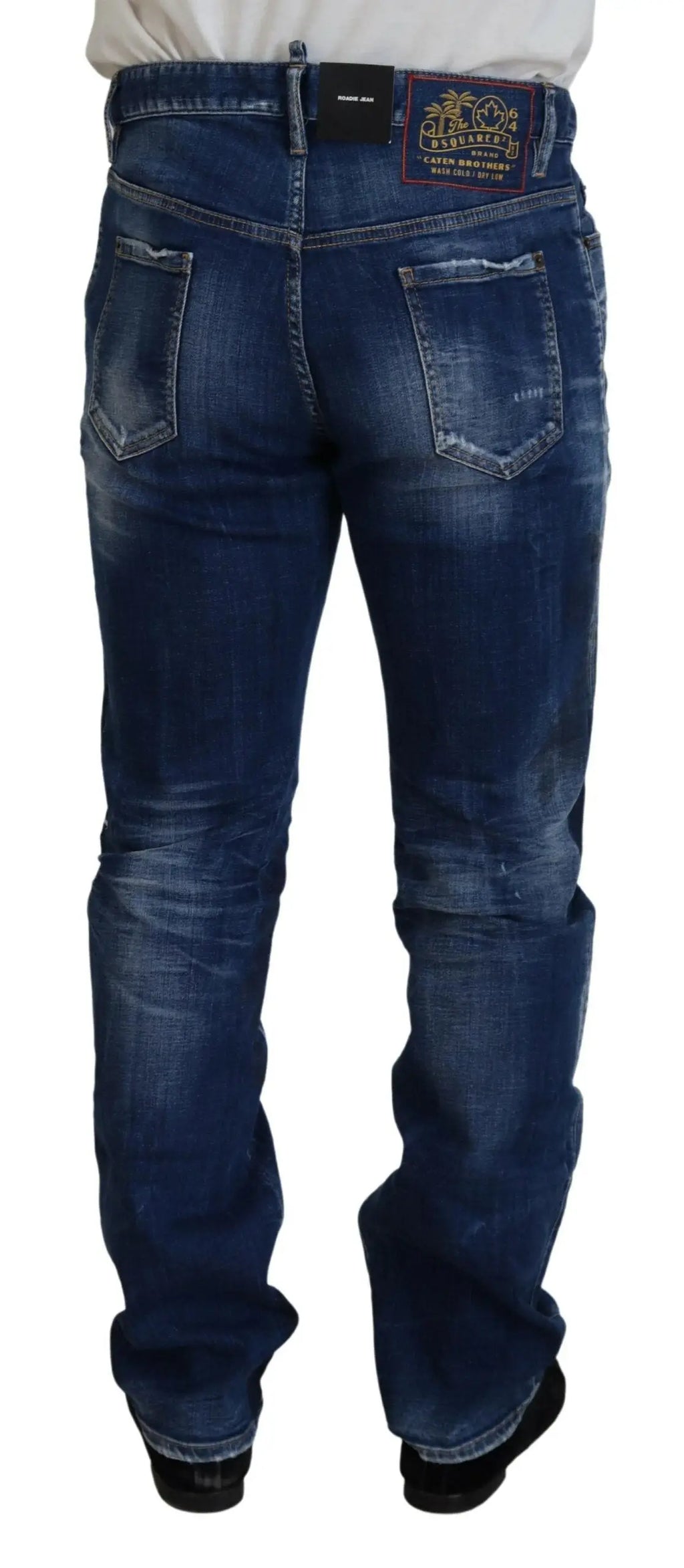 Jeans en denim dsquared² bleu délavé à coupe droite avec patch visible sur la ceinture arrière et aspect usé