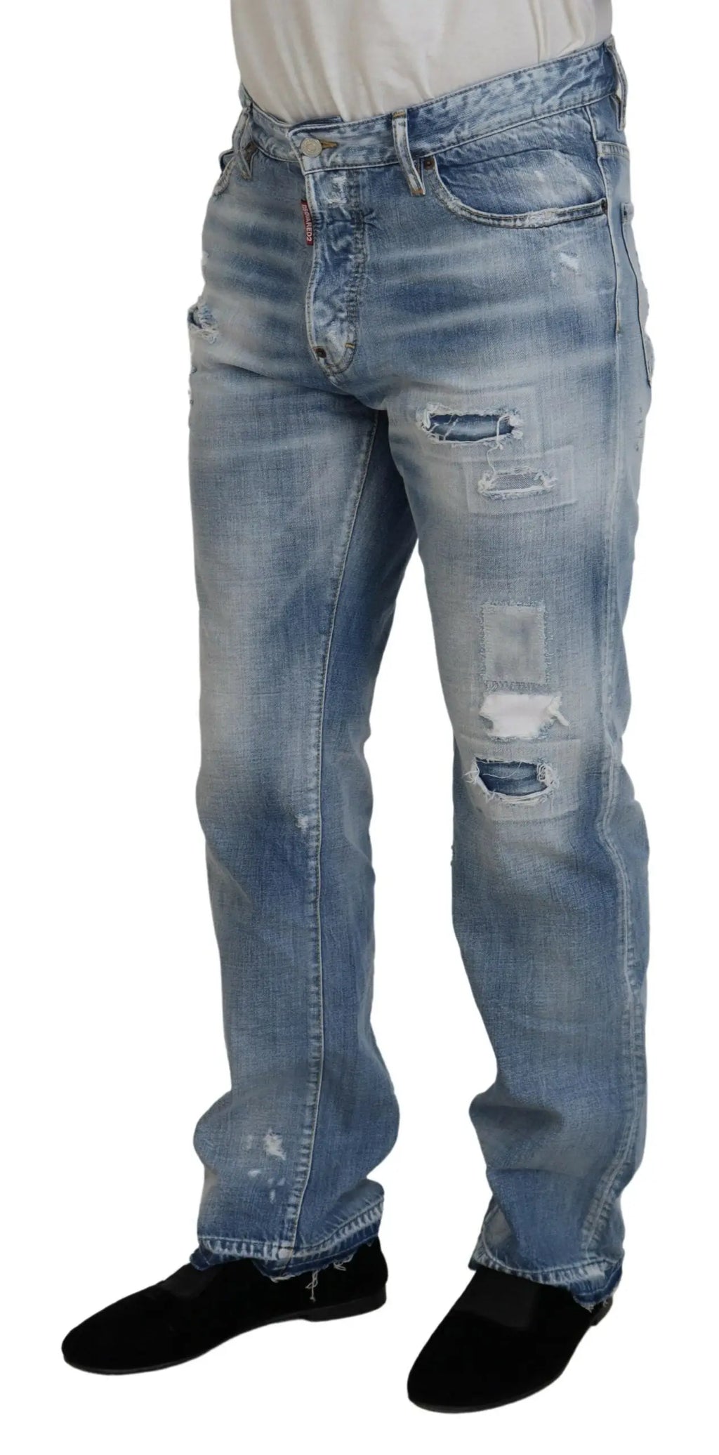 Jeans décontractés pour homme dsquared² bleu délavé en denim droit avec patchs usés et genoux déchirés