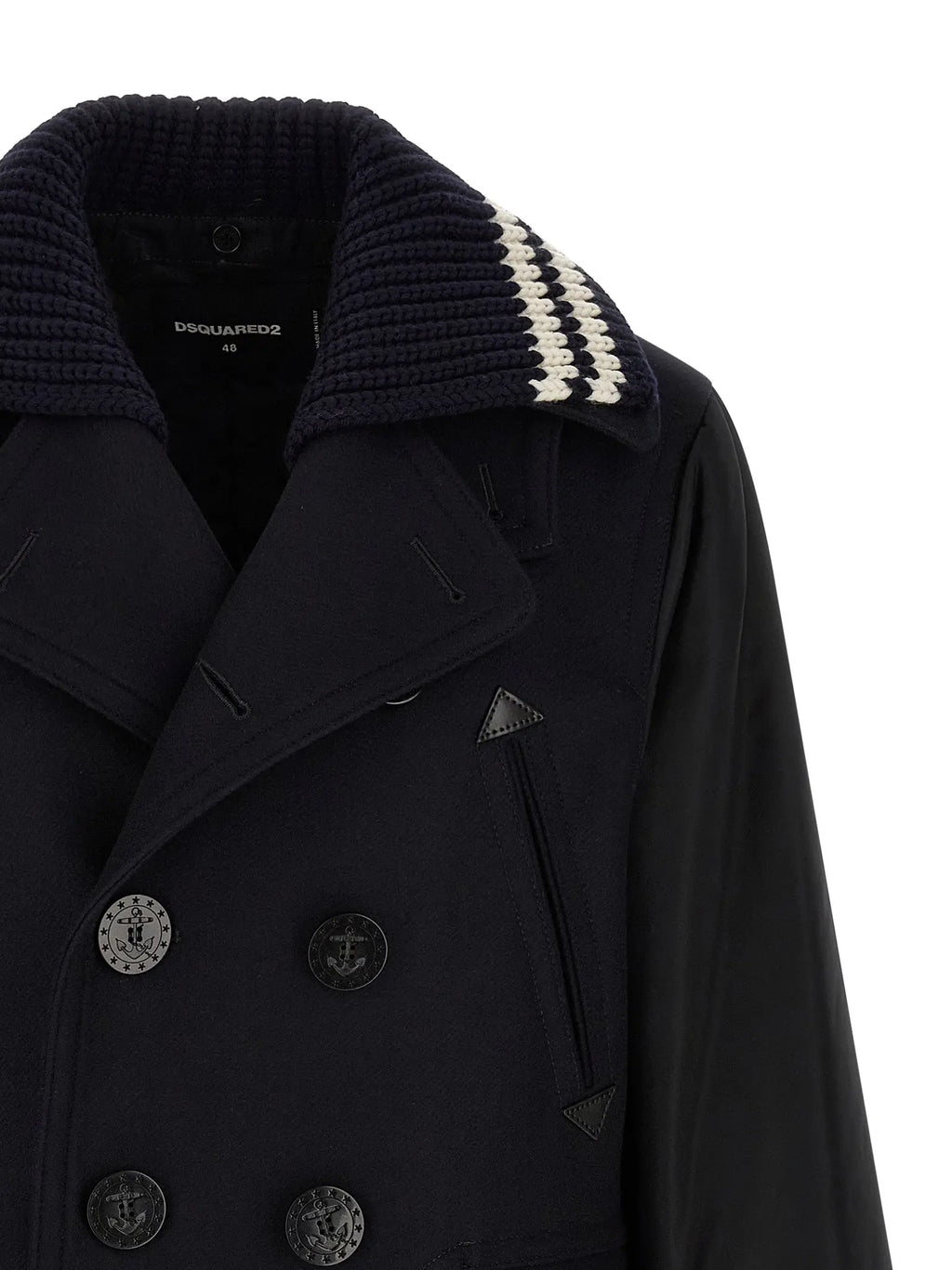 Manteau bleu en laine dsquared² avec col tricoté à rayures blanches et boutons ancre double boutonnage noir