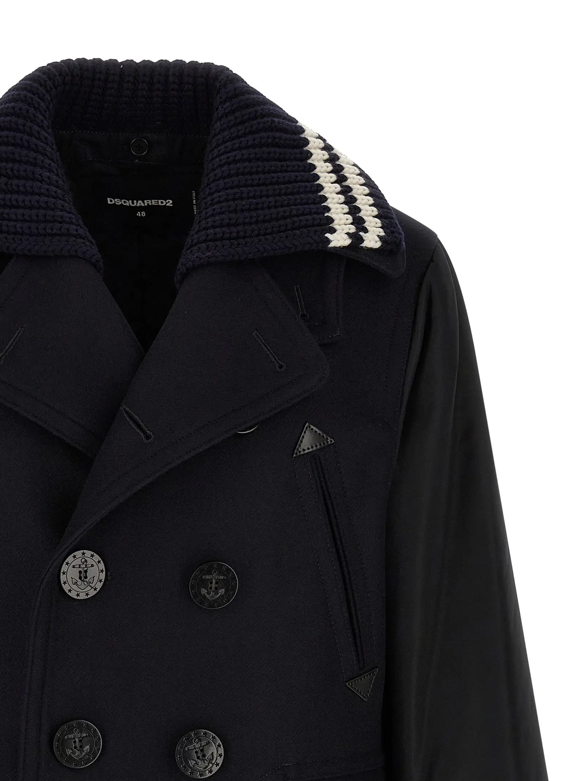 Manteau bleu en laine dsquared² avec col tricoté à rayures blanches et boutons ancre double boutonnage noir