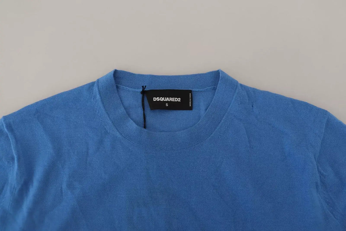 Pull bleu dsquared² en laine à manches longues avec col rond et texture côtelée et étiquette noire de marque
