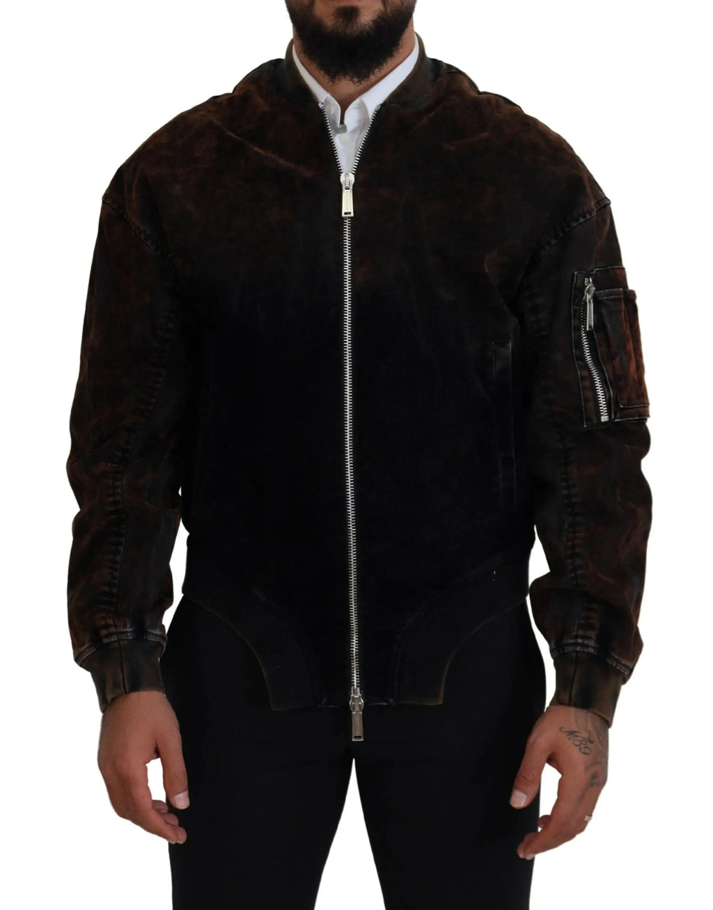 Veste bomber dsquared² en coton brun avec texture velours foncé usée et fermetures éclair argentées aux poches manches