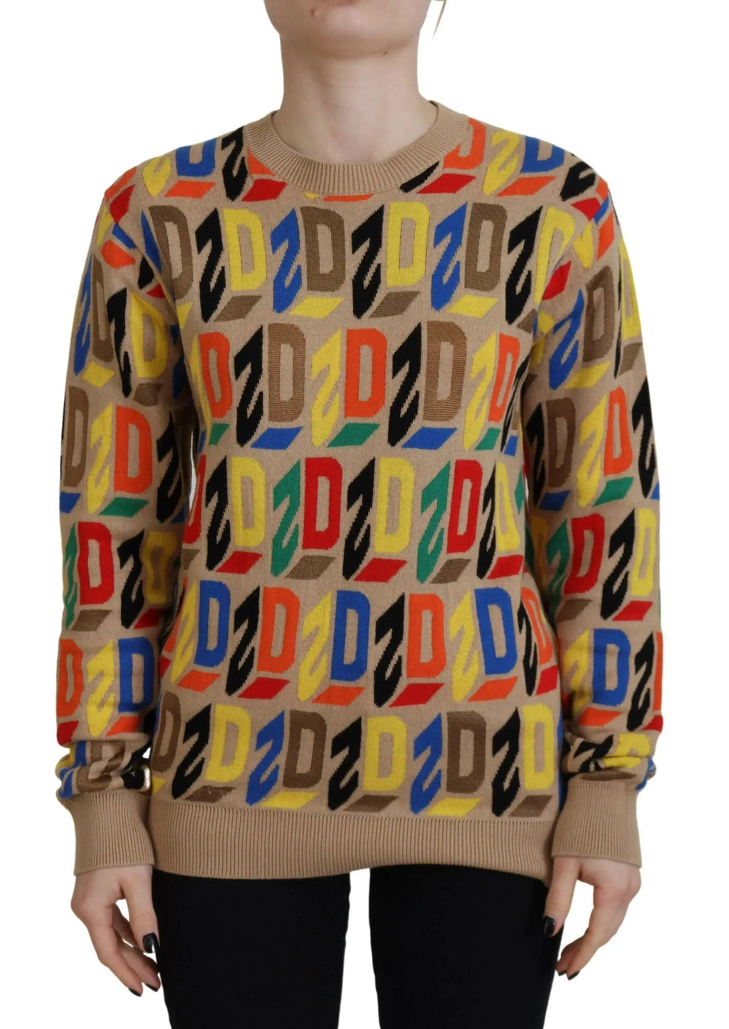 Pull beige en coton dsquared² à manches longues avec motif imprimé de lettres d multicolores
