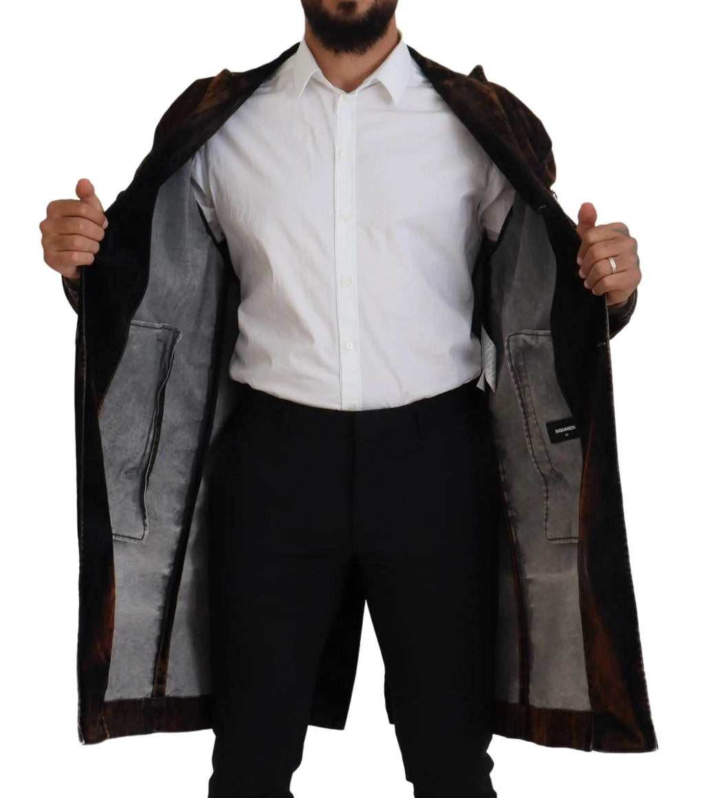 Dsquared² brown full button men long coat with black velvet lining gray denim interior and brown trim