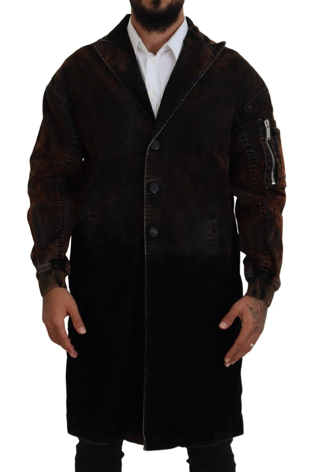 Dsquared² brown full button men long coat cotton jacket in dark brown suede with hood button closure and zippered pocket