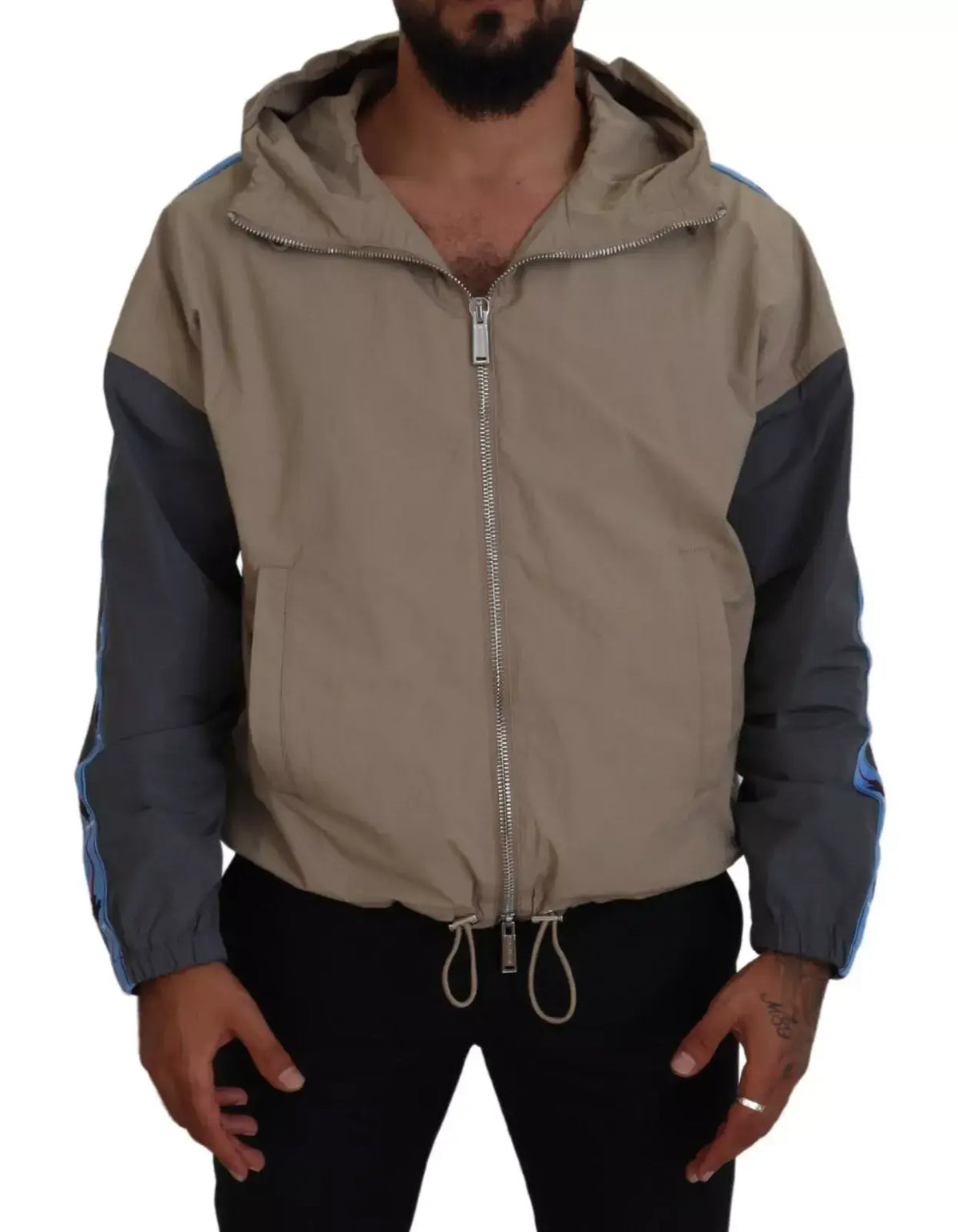 Veste à capuche dsquared² beige et gris foncé avec fermeture éclair argentée et taille à cordon de serrage