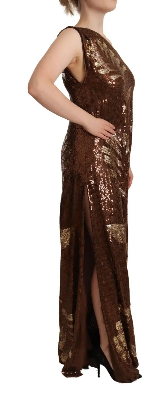 Robe longue brun Dsquared² ornée de sequins et motifs feuille dorée à une épaule avec fente haute pour occasions formelles