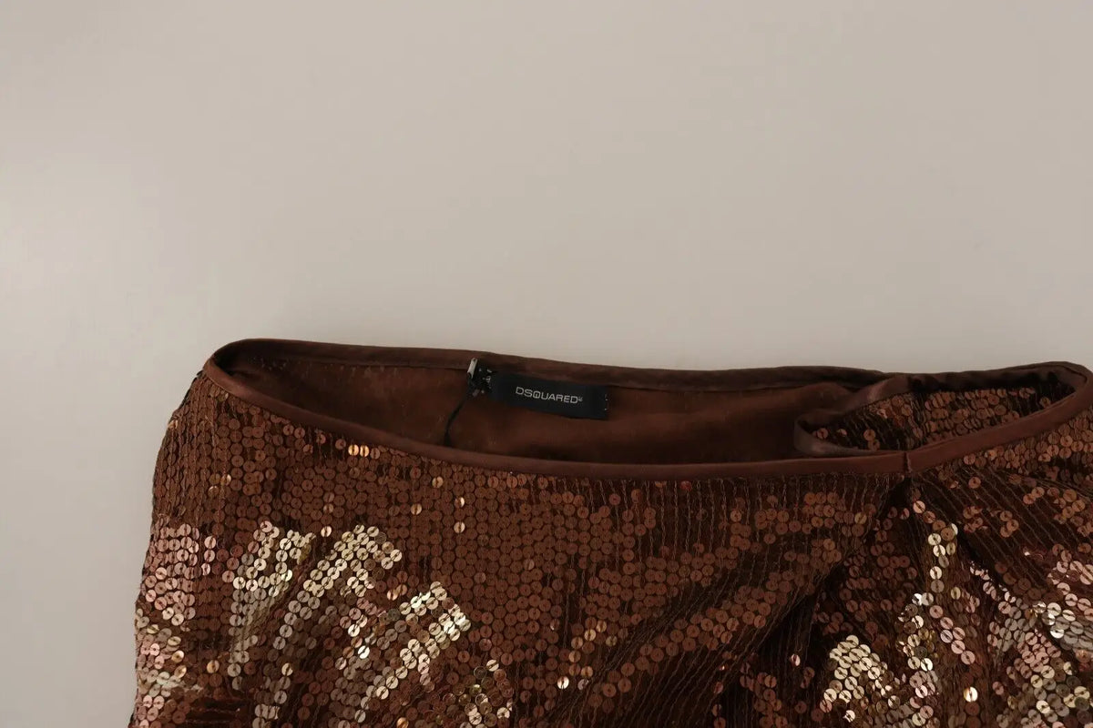 Jupe pailletée marron dsquared2 à effet métallique avec ceinture en satin et étiquette de marque visible