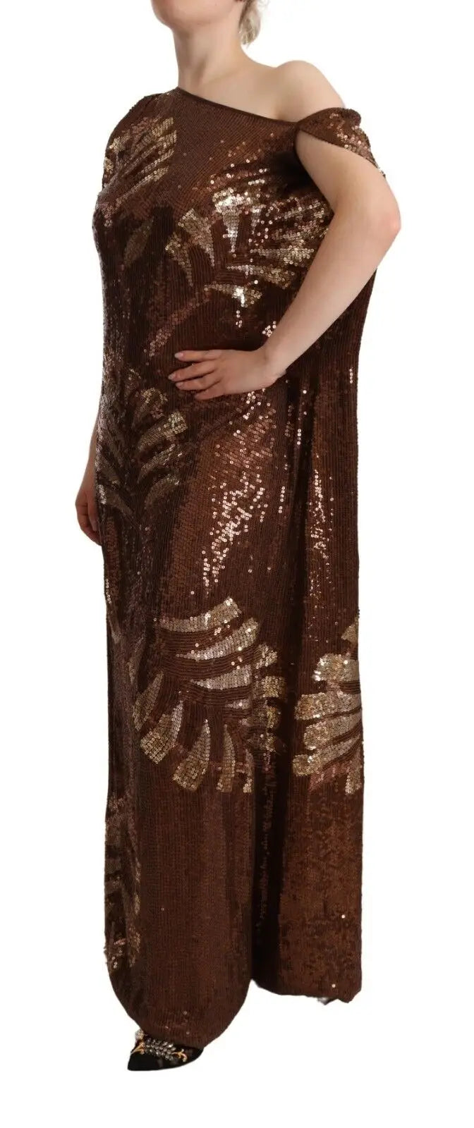 Robe longue marron dsquared² à sequins avec ornement feuille dorée et design asymétrique épaule dénudée