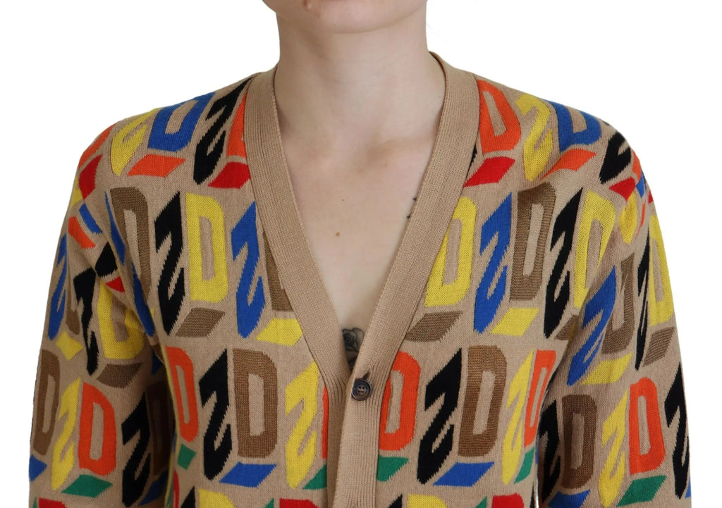Cardigan femme beige en maille dsquared² avec motif répétitif audacieux de logos d20 multicolores