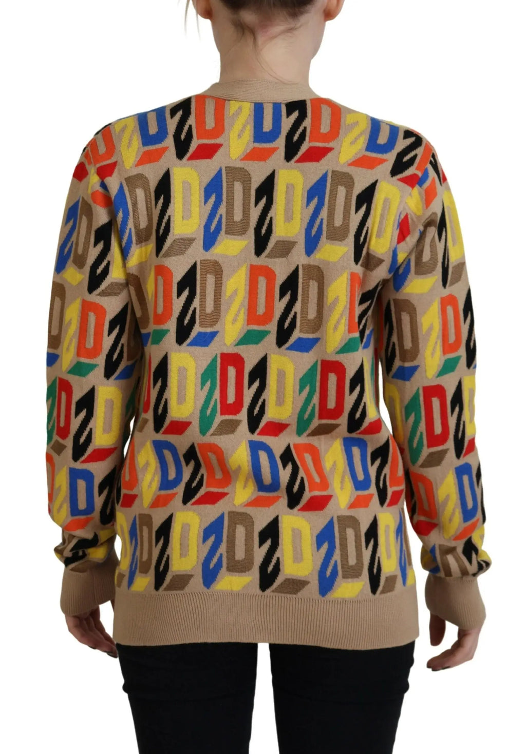 Cardigan femme dsquared² marron en maille avec motif logo d 3d multicolore sur fond beige