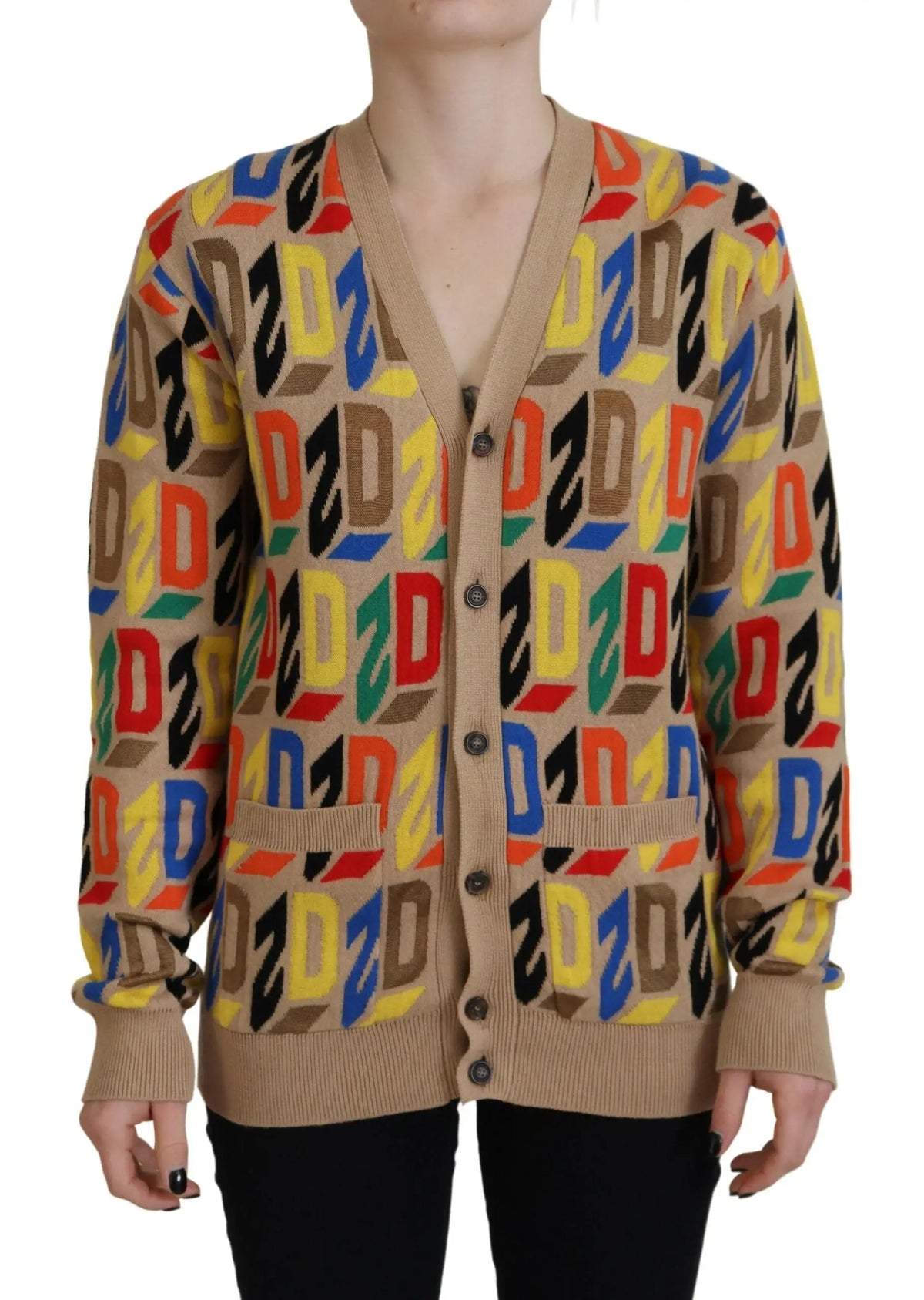 Cardigan femme dsquared² beige avec motif audacieux de logos dz multicolores en maille manches longues