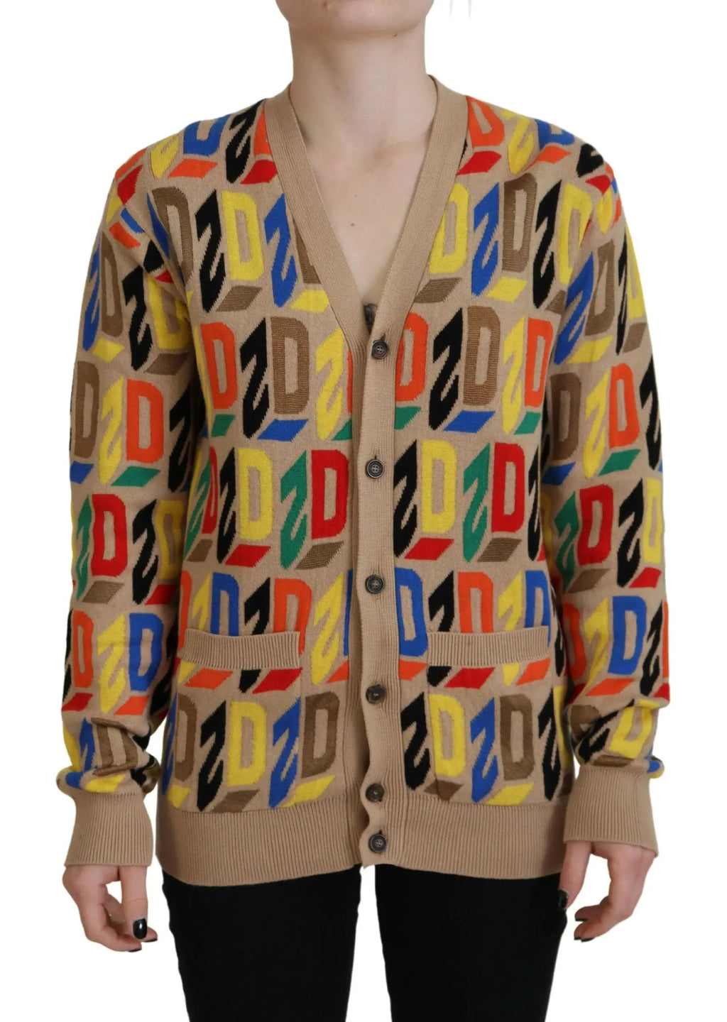 Cardigan beige dsquared² pour femme avec logo dz multicolore répétitif en laine à manches longues