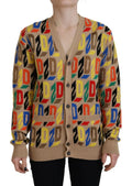 Cardigan beige dsquared² pour femme avec logo dz multicolore répétitif en laine à manches longues