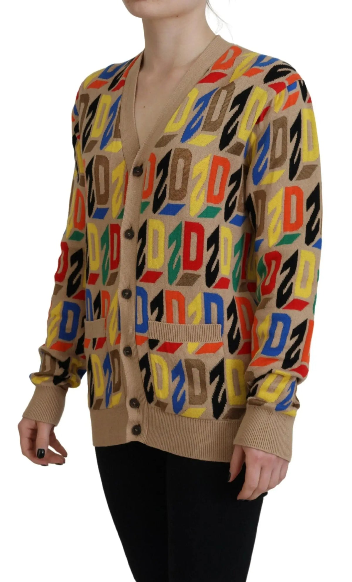Cardigan dsquared² marron à manches longues pour femme en beige avec motif répétitif multicolore de lettres d et z