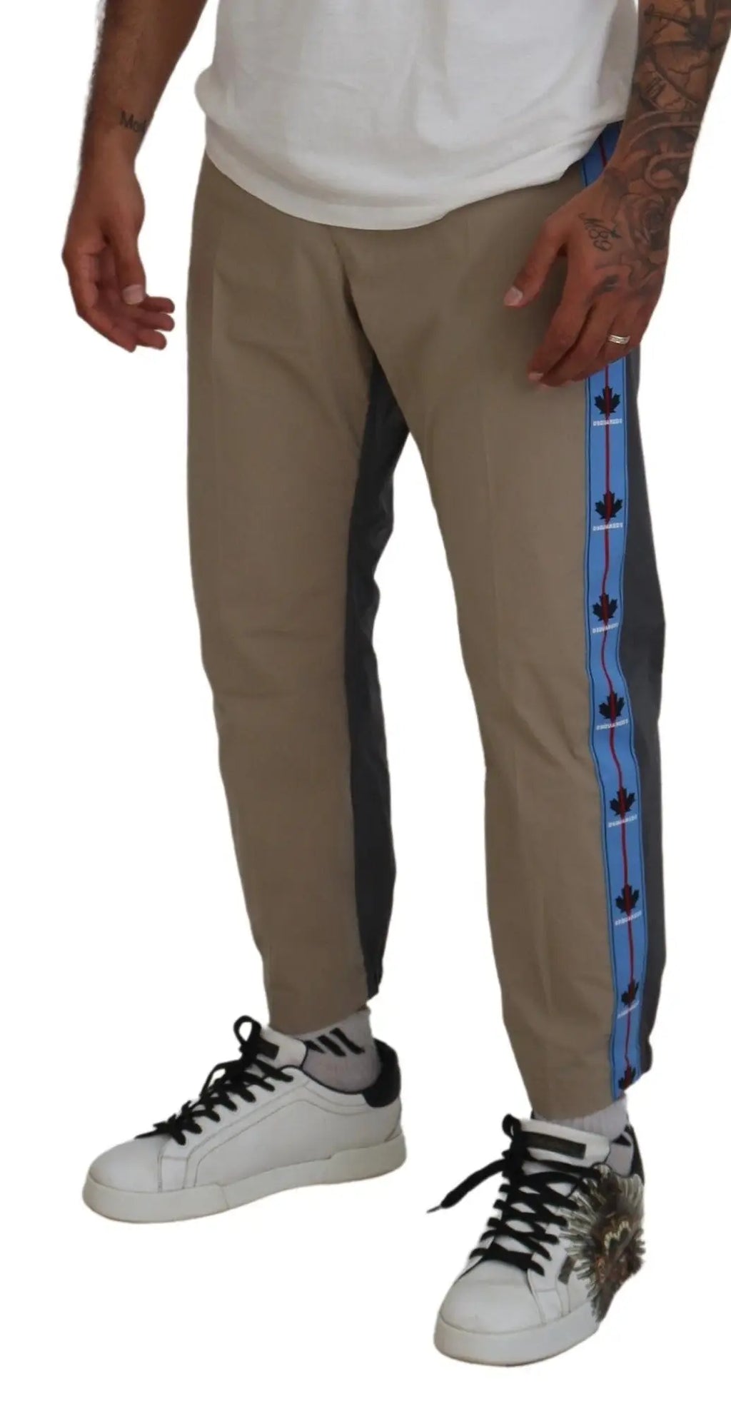 Beige joggers en coton dsquared² pour homme avec bande latérale bleue et noire et logos feuille d’érable