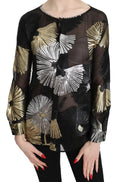 Blouse noire transparente dsquared² en jacquard de soie avec broderie métallique or et argent en forme d éventail