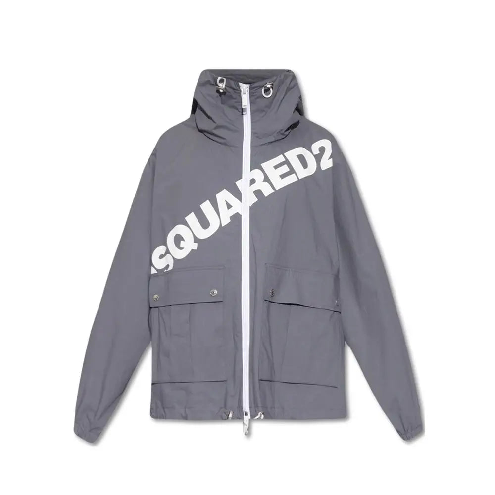 Veste coquille en coton grise dsquared² avec capuche, logo diagonal blanc et poches avant