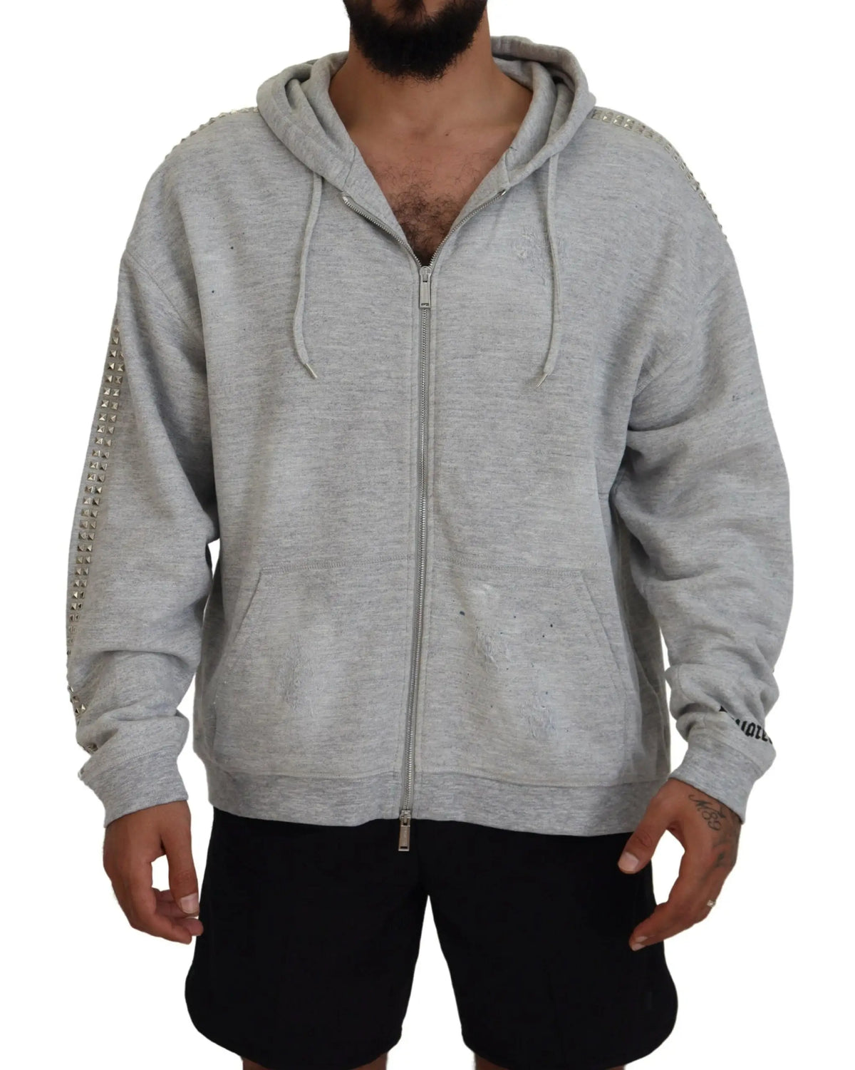 Sweat à capuche gris dsquared² avec zip et embellissements en cristaux argentés sur épaules et manches