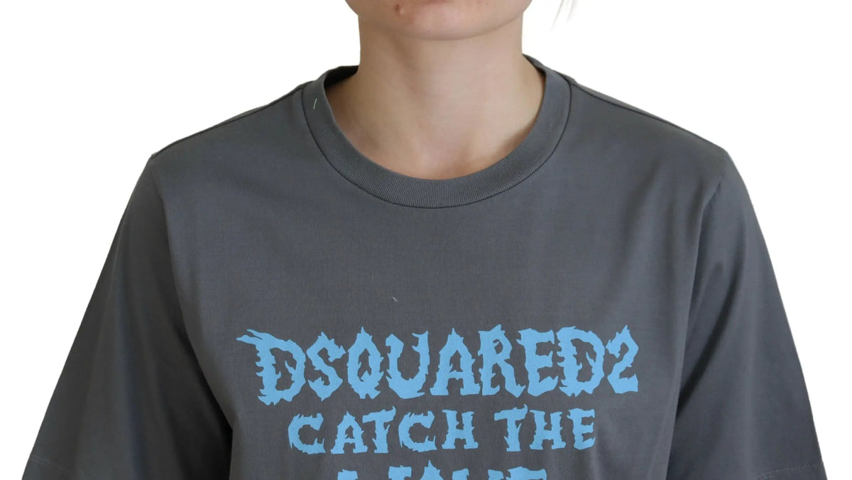 T-shirt manches longues gris foncé en coton dsquared² avec lettrage bleu clair distressed catch the sur la poitrine
