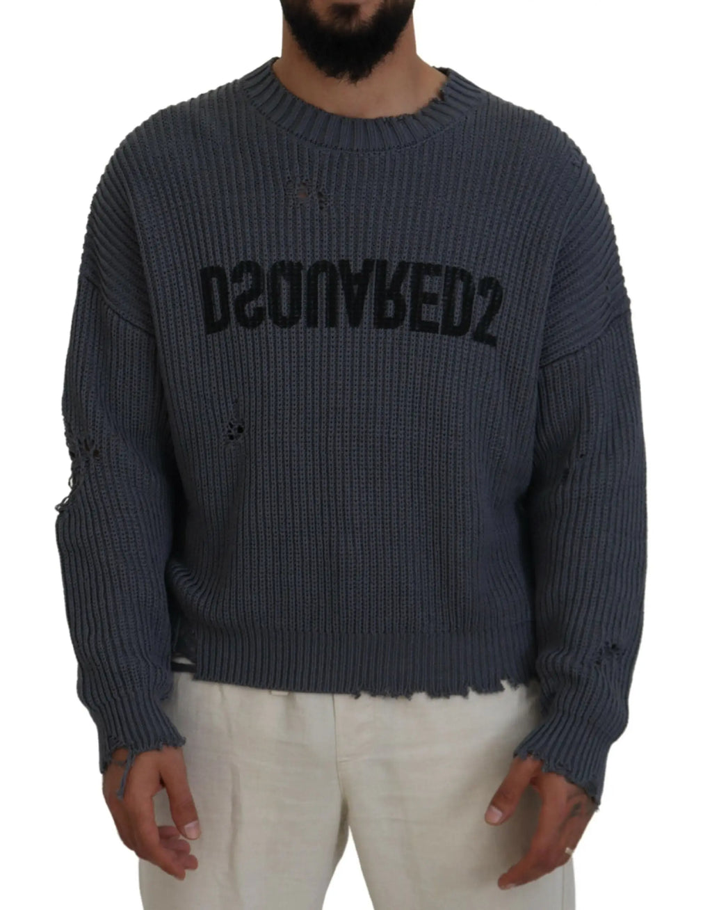 Pull gris en maille côtelée avec bords effilochés et logo noir dsquared2 sur la poitrine pour homme