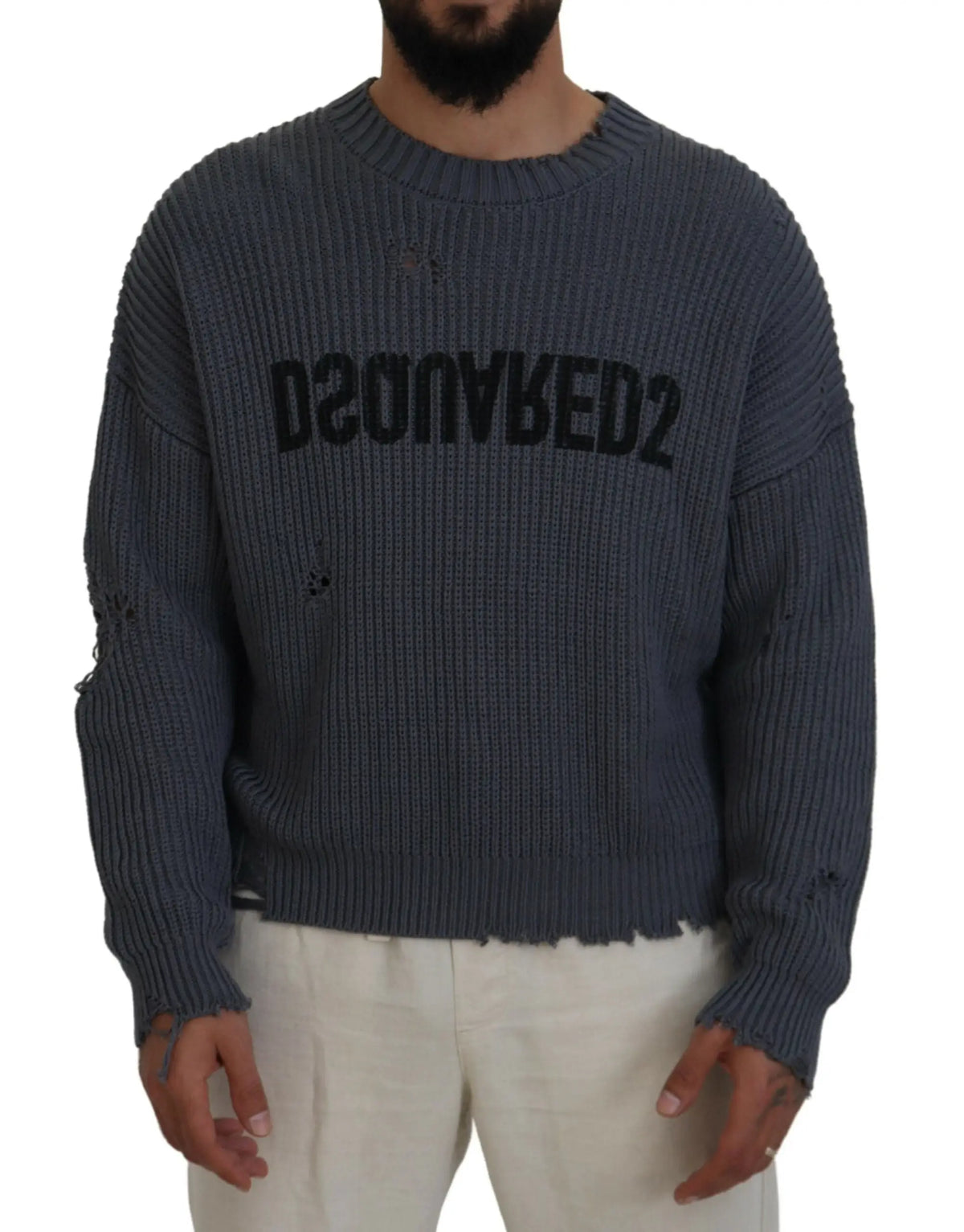Pull gris en maille côtelée avec bords effilochés et logo noir dsquared2 sur la poitrine pour homme