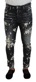 Jean skinny dsquared² gris délavé en denim avec motif éclaboussure blanche et étiquette rouge sur la taille