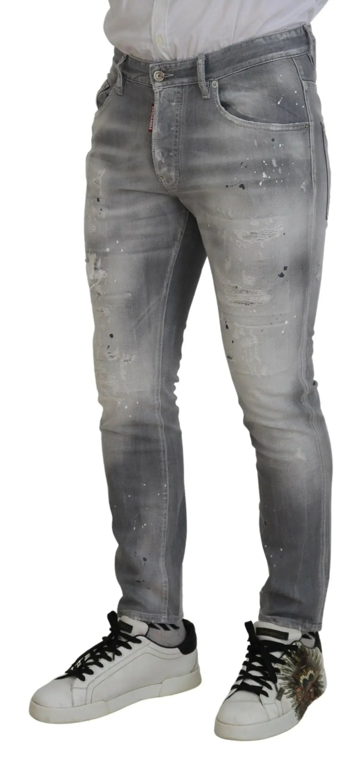 Jean denim gris délavé distressed avec peinture éclaboussée en coton slim fit casual pour homme dsquared²