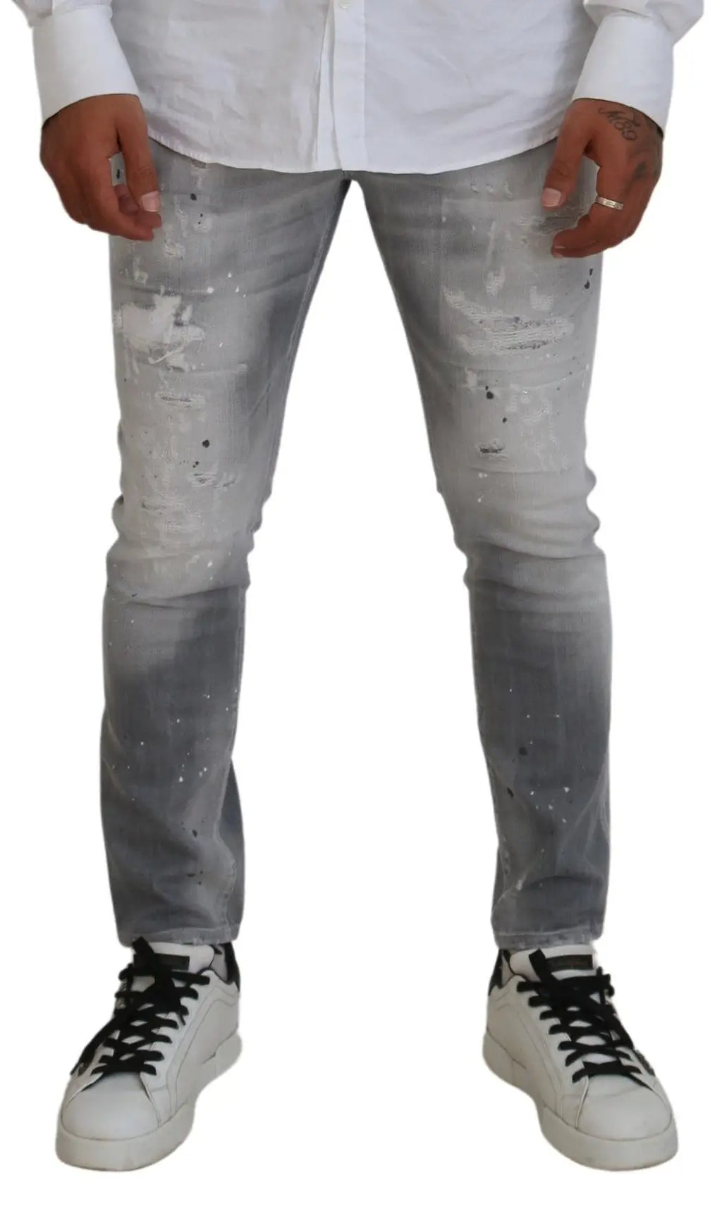 Jeans en denim gris clair délavé dsquared² en coton avec effet usé et éclaboussures de peinture slim fit homme