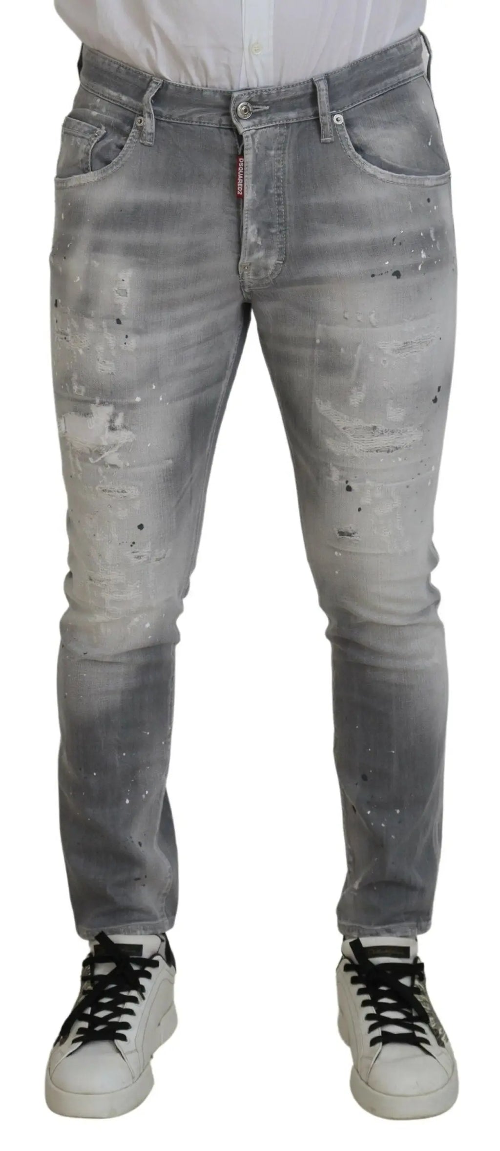 Jeans denim homme gris dsquared² slim fit effet délavé avec détresse et éclaboussures de peinture subtile en coton