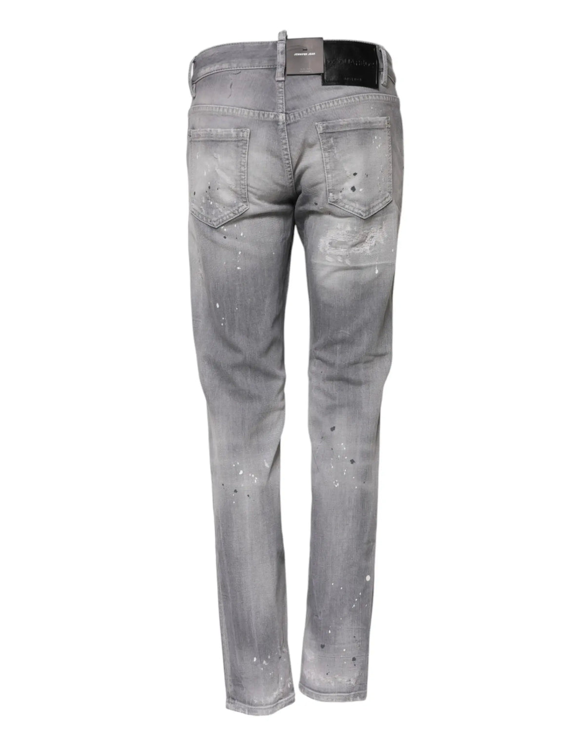 Jeans en denim gris délavé dsquared² taille mi-haute coupe fuselée avec effet usé et taches de peinture patch cuir noir