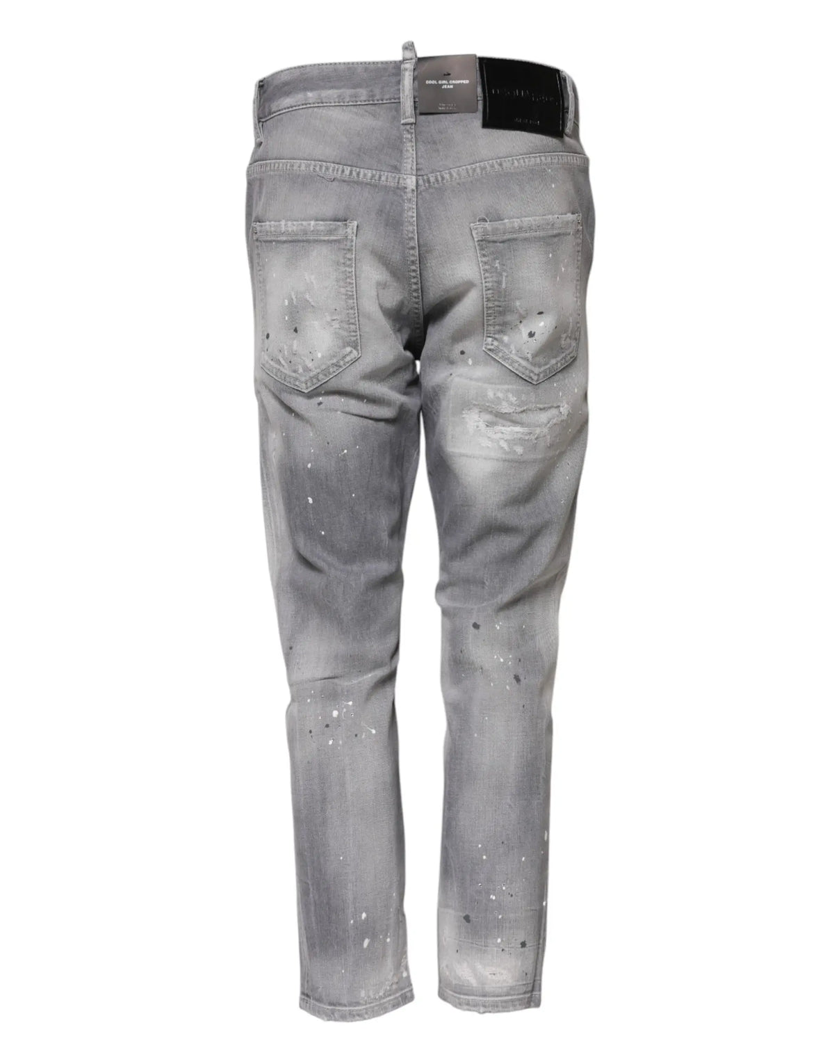 Jean tapered mi taille gris délavé dsquared² en denim délavé avec taches de peinture blanches et patch cuir noir