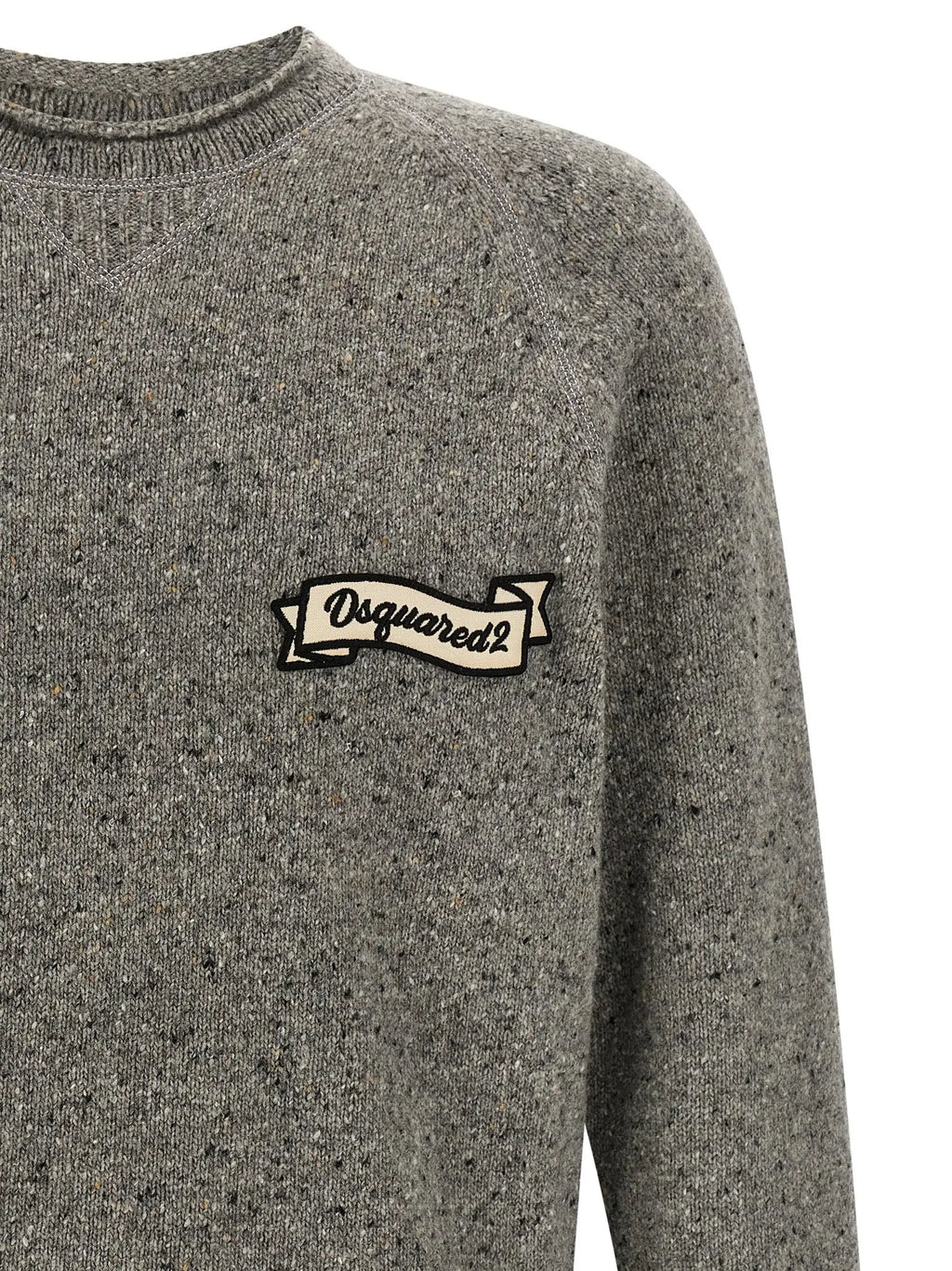 Cardigan en laine gris dsquared² avec patch brodé crème logo dsquared² sur un pull maille chiné